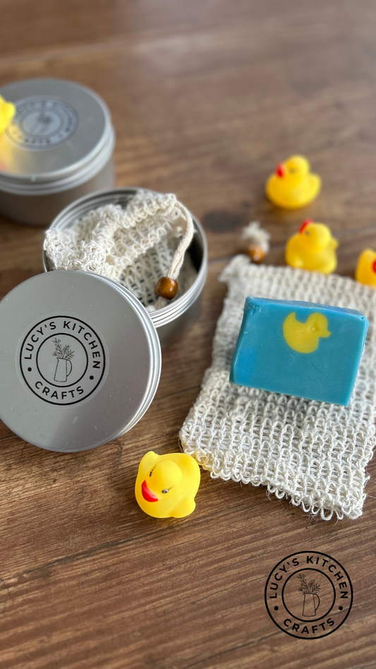 The Gym & Travel Shower Set - body soap with natural exfoliating soap saver and travel tin
